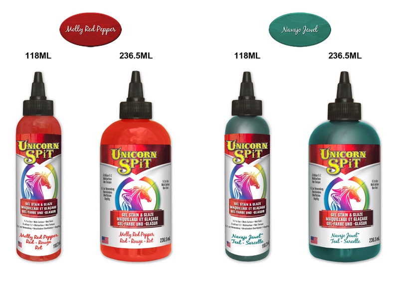 May include: Two sizes of Unicorn Spit gel stain and glaze in the colors Molly Red Pepper (red) and Navajo Jewel (teal). The bottles are labeled with the product name, color name, and size in milliliters.