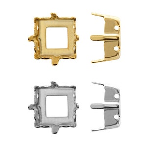 Puede incluir: Dos juegos de engastes cuadrados de metal para colocar piedras de imitación u otras gemas. Un juego es de color dorado y el otro es de color plateado.