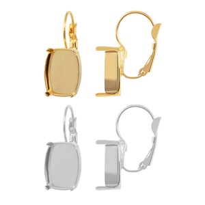 May include: Two pairs of earring settings, one gold and one silver. Each setting has a square bezel for a stone and a clip-on back.