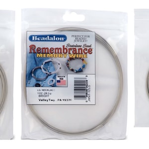 May include: Three packs of silver stainless steel Beadalon Remembrance Memory Wire. Each pack contains 1 oz (28.3 g) of wire. The packs are labelled with the Beadalon logo and the product name.