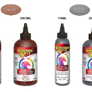 May include: Two bottles of Unicorn Spit gel stain and glaze in the colors Squirrel Light Brown and Weathered Daydream Gray. The bottles are 118 ml and 236.5 ml.