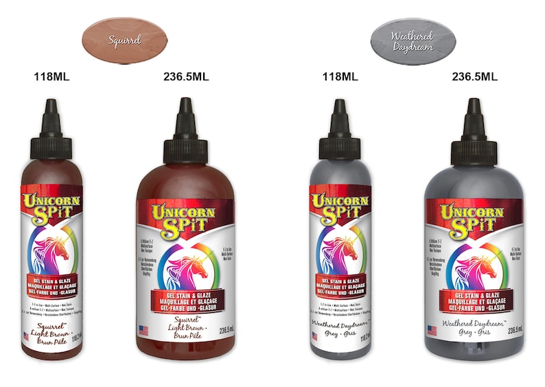 May include: Two bottles of Unicorn Spit gel stain and glaze in the colors Squirrel Light Brown and Weathered Daydream Gray. The bottles are 118 ml and 236.5 ml.