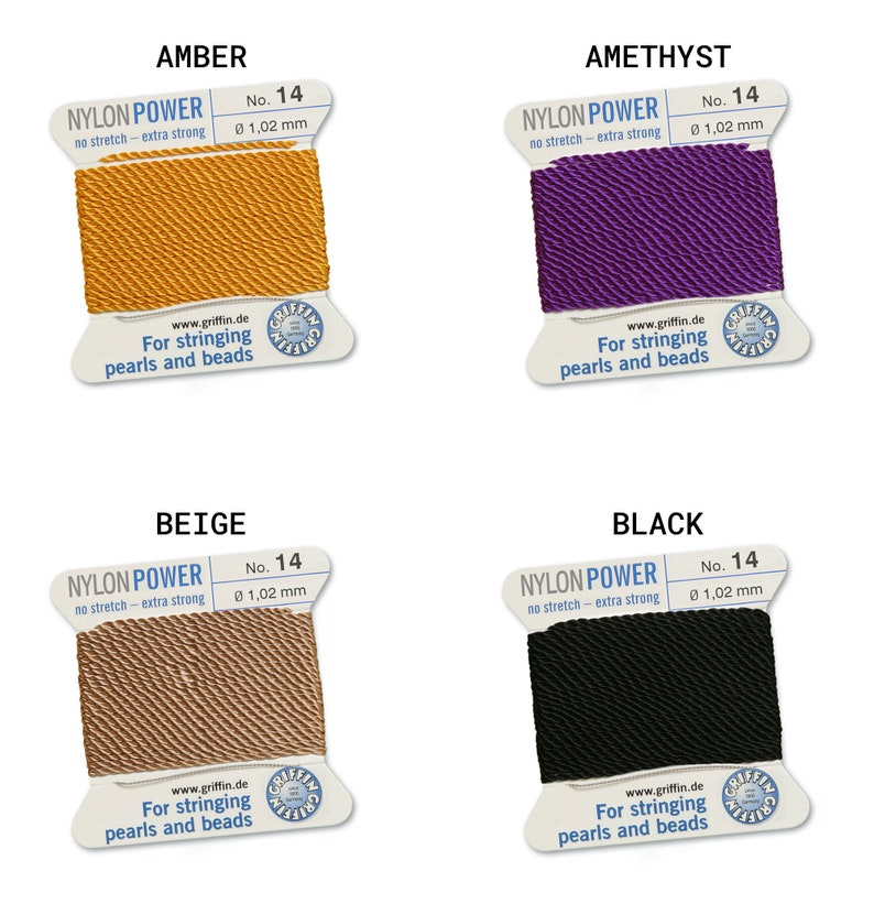 May include: Four spools of nylon power thread for stringing pearls and beads. The colors are amber, amethyst, beige, and black. Each spool is labeled with the brand name, "Nylon Power", the thread size, "No. 14", and the thread thickness, "0 1,02 mm".