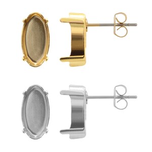 May include: Two pairs of oval-shaped earring settings, one pair in gold and one pair in silver. Each setting has a smooth, rounded edge and a raised lip to hold a stone or other embellishment. The settings are attached to a standard earring post with a butterfly back.