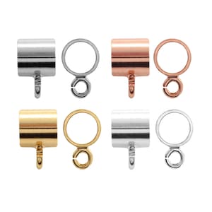 May include: Six silver, gold, and rose gold metal bead caps with a loop on one side and a small loop on the other side. The bead caps are designed to be used as a connector for jewellery making.