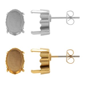 May include: Two pairs of oval-shaped earring settings, one pair in silver and one pair in gold. Each setting has a prong setting for a stone and a post back.