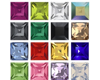 May include: A collection of 16 square-shaped gemstones in various colours, including red, green, blue, purple, and yellow. The gemstones are arranged in a grid pattern.