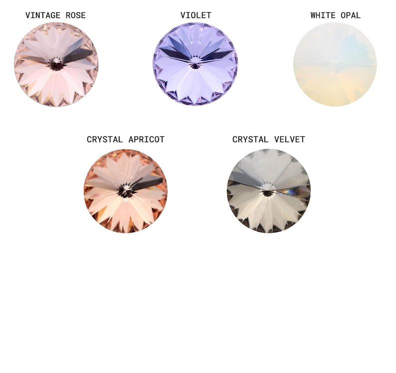May include: Assortment of round, faceted glass rhinestones in various colors, including vintage rose, violet, white opal, crystal apricot, and crystal velvet.