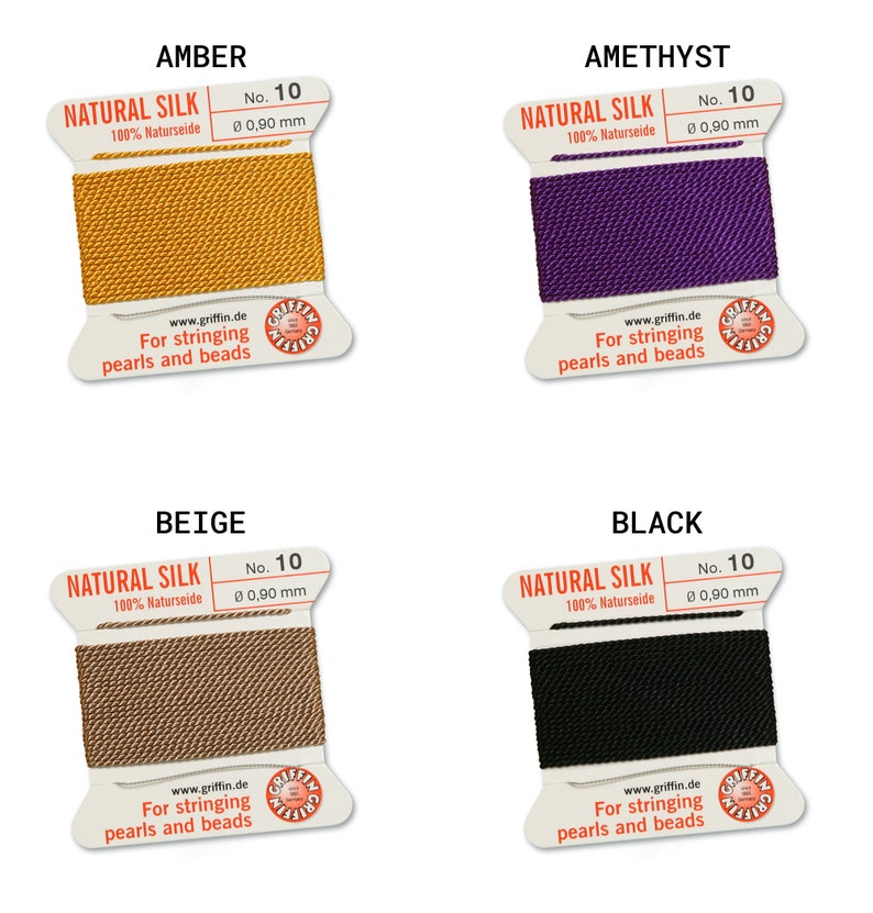 May include: Four spools of natural silk thread for stringing pearls and beads. The colors are amber, amethyst, beige, and black. Each spool is labeled "Natural Silk 100% Naturseide" and "No. 10 &Oslash; 0,90 mm".