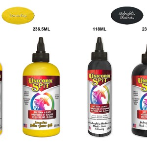 May include: Two bottles of Unicorn Spit gel stain and glaze in Lemon Kiss Yellow-Jaune-Gelb, one 118 ml and one 236.5 ml. Two bottles of Unicorn Spit gel stain and glaze in Midnight's Blackness-Noir-Schwarz, one 118 ml and one 236.5 ml.