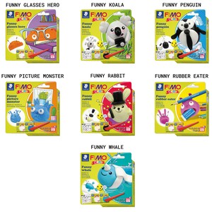 May include: A set of seven FIMO Kids modeling clay kits, each featuring a different animal or character. The kits include a small bag of clay, a tool, and a guide for creating the featured character. The characters include a penguin, a koala, a glasses hero, a picture monster, a rabbit, a rubber eater, and a whale.