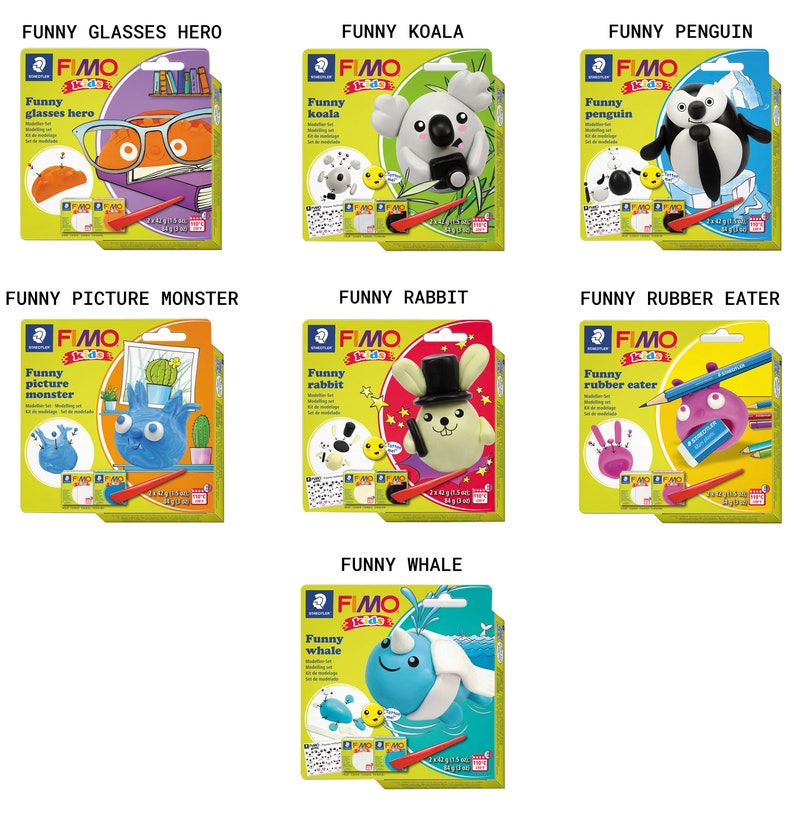 May include: A set of seven FIMO Kids modeling clay kits, each featuring a different animal or character. The kits include a small bag of clay, a tool, and a guide for creating the featured character. The characters include a penguin, a koala, a glasses hero, a picture monster, a rabbit, a rubber eater, and a whale.