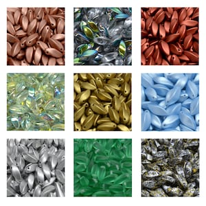 May include: Assortment of glass beads in various colours and finishes, including clear, iridescent, gold, silver, green, blue, and black. The beads are all in the shape of a teardrop or oval.