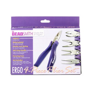 May include: A purple and silver ERGO 4-Piece Plier Set by Beadsmith. The set includes chain nose pliers, round nose pliers, flat nose pliers, and side cutters. Features include a soft grip handle and a carrying case. The packaging is purple and white.