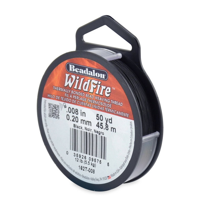 May include: A spool of black Beadalon WildFire thermally bonded bead weaving thread. The spool is labeled with the thread size, 0.008 inches or 0.20 millimeters, and the length, 50 yards or 45.8 meters. The label also includes the text "Black, Noir, Negro".