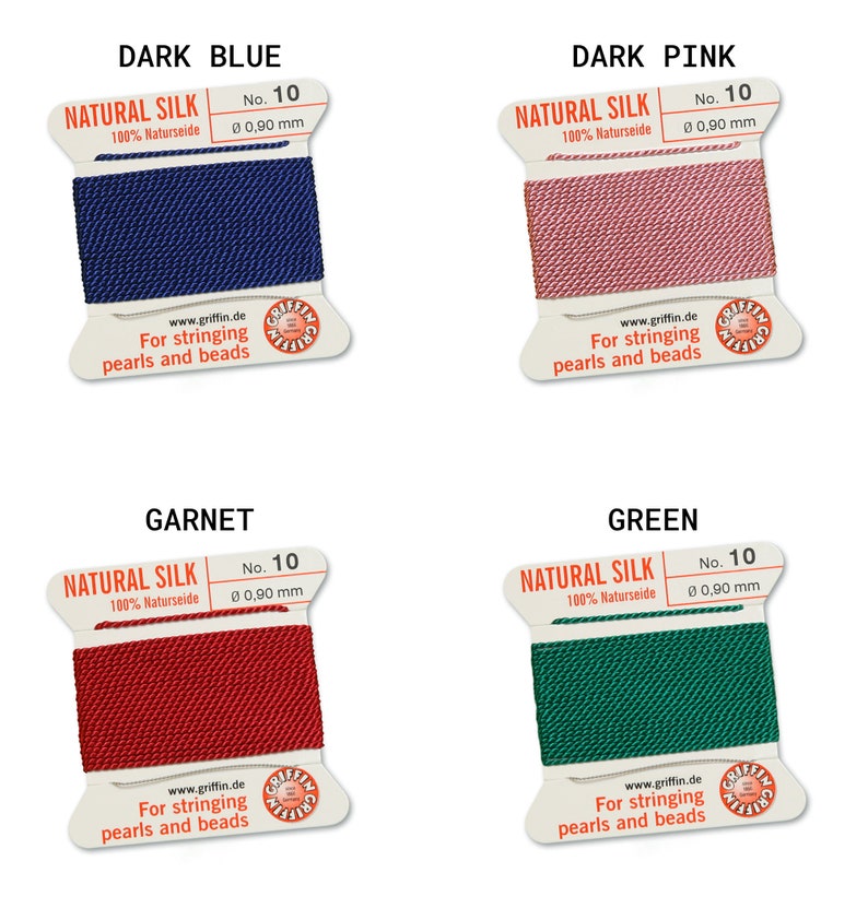 May include: Four spools of natural silk thread for stringing pearls and beads. The colors are dark blue, dark pink, garnet red, and green. Each spool is labeled "Natural Silk" and has the number 10 and the diameter 0.90 mm printed on it.
