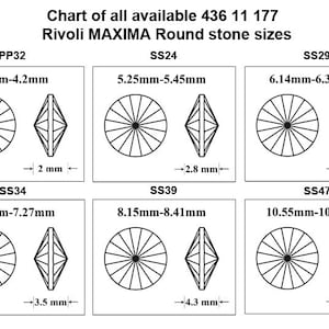 May include: Chart showing the different sizes of round Rivoli MAXIMA stones, labeled with their corresponding size in millimeters. The chart includes sizes PP32, SS24, SS29, SS34, SS39, and SS47.