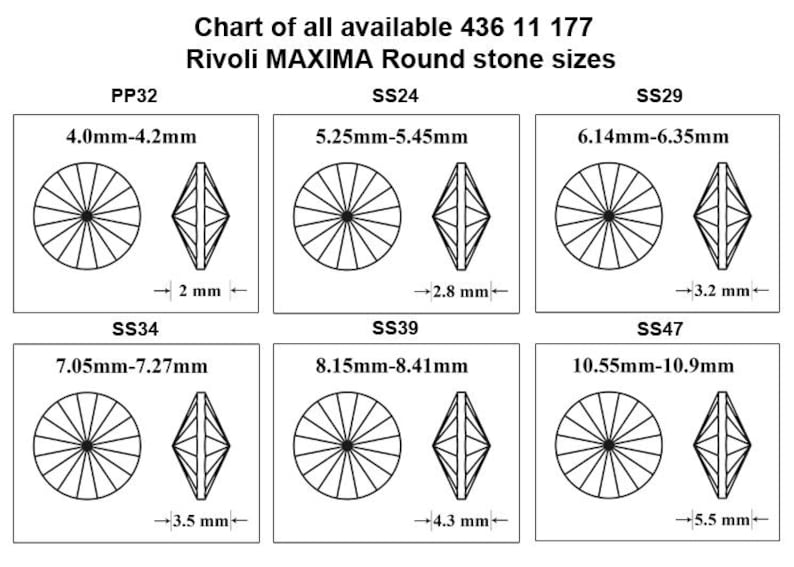 May include: Chart showing the different sizes of round Rivoli MAXIMA stones, labeled with their corresponding size in millimeters. The chart includes sizes PP32, SS24, SS29, SS34, SS39, and SS47.