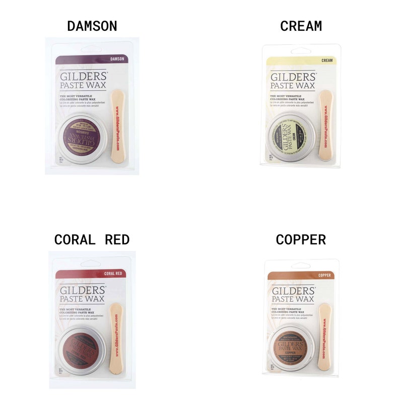 Puede incluir: Cuatro peque&ntilde;os tarros de CERA EN PASTA GILDERS en diferentes colores: ciruela, crema, rojo coral y cobre. Cada tarro viene con un peque&ntilde;o aplicador de madera.