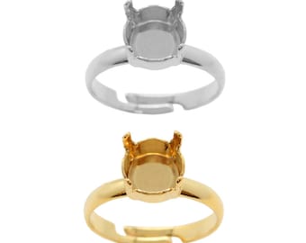 Bases d'anneau en laiton réglables - Pour pierres rondes en forme de chaton - Plaqué or, couleur argent - 1 pièce - Incrustation de cristaux