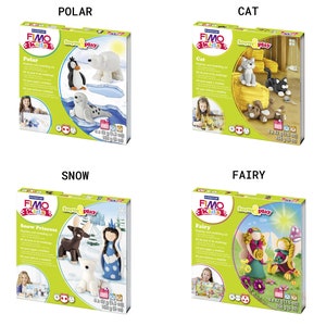 May include: Four colorful boxes with images of different animals and the text "FIMO Kids" on the front. The boxes are labeled "Polar", "Cat", "Snow Princess", and "Fairy". Each box contains a play dough modeling set with instructions and accessories.