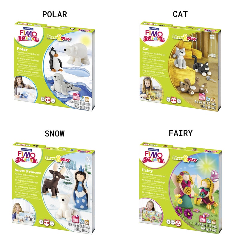 May include: Four colorful boxes with images of different animals and the text "FIMO Kids" on the front. The boxes are labeled "Polar", "Cat", "Snow Princess", and "Fairy". Each box contains a play dough modeling set with instructions and accessories.