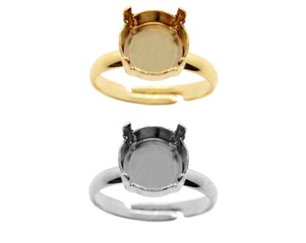 Bases d'anneau réglables en métal en laiton - Cristaux pour pierres rondes 1401 taille rose de 8 mm ou 10 mm - Plaqué or, couleur argent - Incrustation de cristaux