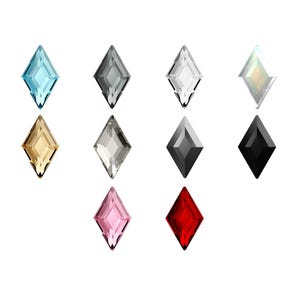 May include: A collection of ten diamond-shaped faceted crystals arranged in three rows. The colours include light blue, grey, clear, iridescent, gold, silver, dark grey, black, light pink, and deep red, each with sharp, geometric edges.