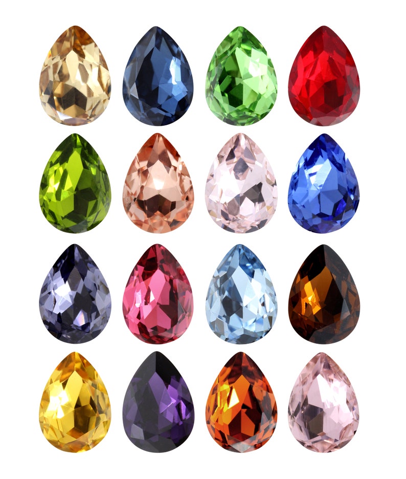 May include: Assortment of 18 teardrop-shaped glass gems in various colors, including red, green, blue, purple, pink, orange, and yellow.