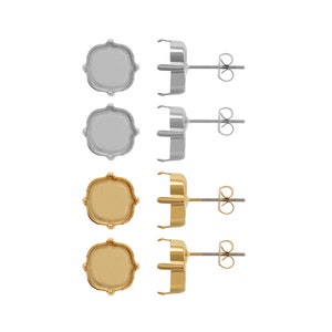 May include: Set of six earring settings, two silver and four gold. Each setting has a square bezel with a scalloped edge and a post with a butterfly back.