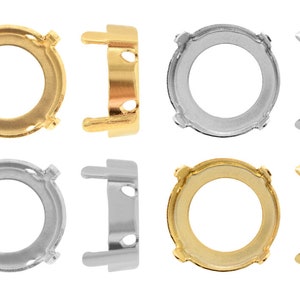 Puede incluir: Seis engastes redondos de metal para diamantes de imitación u otras piedras preciosas. Los engastes están disponibles en acabados de oro, plata y rodio. Cada engaste tiene cuatro garras para sujetar la piedra en su lugar.