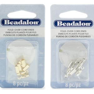 Beadalon® Fold-Over Cord Ends Covers - Base metal findings - Available in Gold color or Silver plated - Sizes 4mm, 4.4mm, 4.6mm, 6.7mm