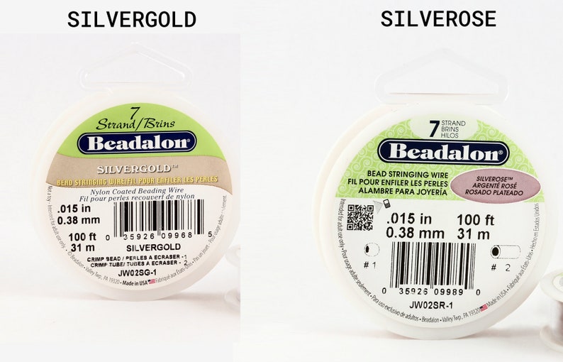May include: Two spools of Beadalon 7-strand beading wire. The spool on the left is silvergold and the spool on the right is silverrose. Both spools are 100 feet (31 meters) long and have a diameter of 0.015 inches (0.38 millimeters).