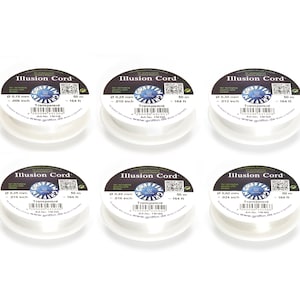 May include: Six spools of transparent Illusion Cord for stringing pearls and beads. Each spool is labeled with the cord's diameter in millimeters and inches, and the length in meters and feet. The spools are white and have a black and white logo with the word "GRIFFIN" on them.