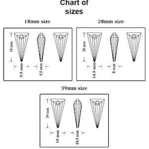 May include: Chart showing the different sizes of a teardrop-shaped crystal pendant. The chart shows the dimensions of the pendant in millimeters. The pendant is 18mm, 28mm, and 39mm in size.