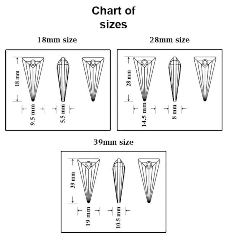 May include: Chart showing the different sizes of a teardrop-shaped crystal pendant. The chart shows the dimensions of the pendant in millimeters. The pendant is 18mm, 28mm, and 39mm in size.