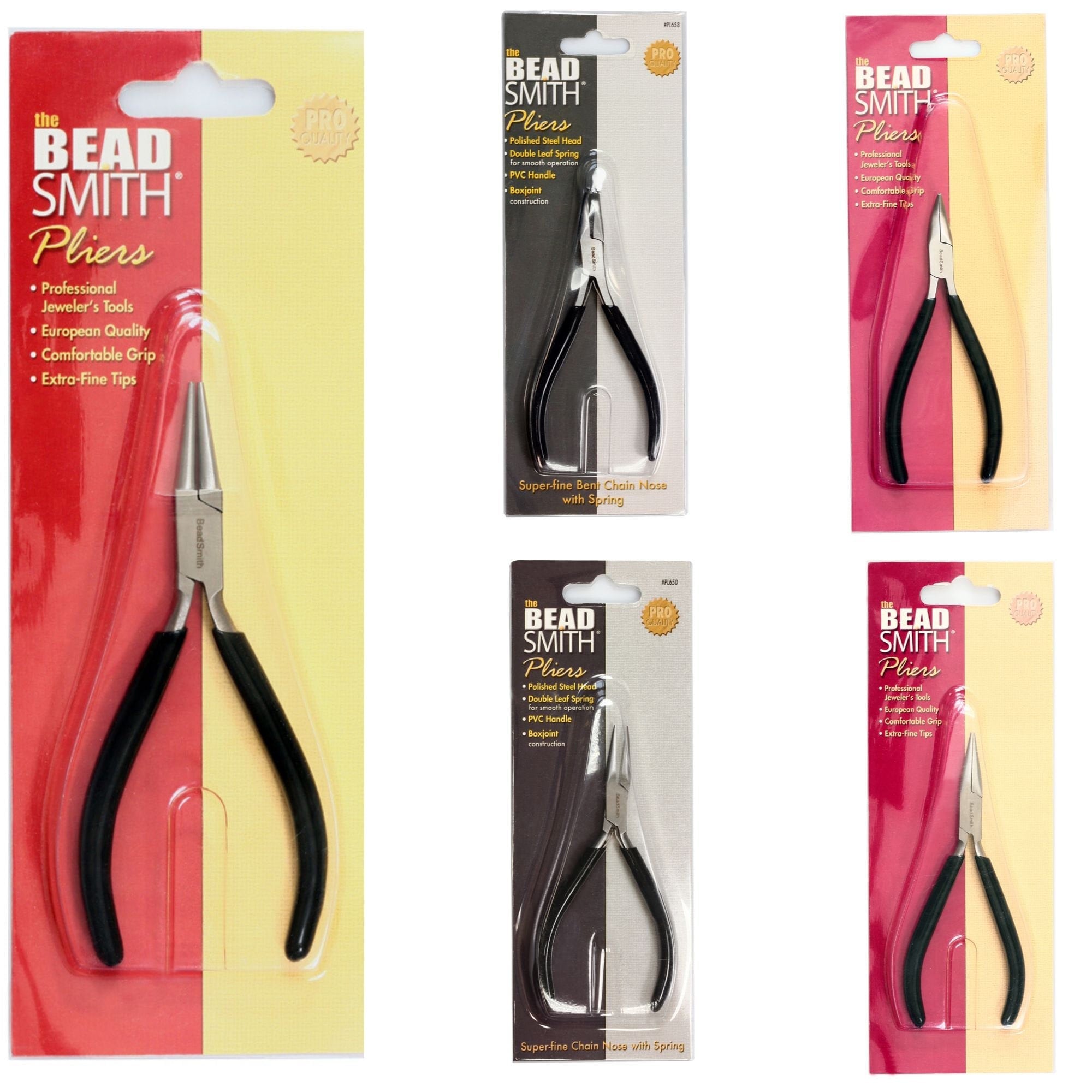 The Beadsmith Slim Line Serrated Chain Nose Pliers, 4.75 inches (120mm)  with Polished Steel Head, red PVC Comfort Grip Handle with Double-Leaf  Spring