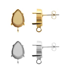 Puede incluir: Dos pares de engastes para pendientes, uno dorado y otro plateado. Cada engaste tiene un bisel en forma de pera y un bucle para sujetar un colgante. Los engastes están diseñados para sujetar una piedra en forma de pera de 12 mm.