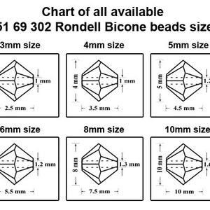以下が含まれることがあります： 451 69 302 Rondell Bicone ビーズのサイズチャート。チャートには、ビーズのサイズ（ミリメートル）、ビーズの幅（ミリメートル）、ビーズの高さ（ミリメートル）が表示されています。