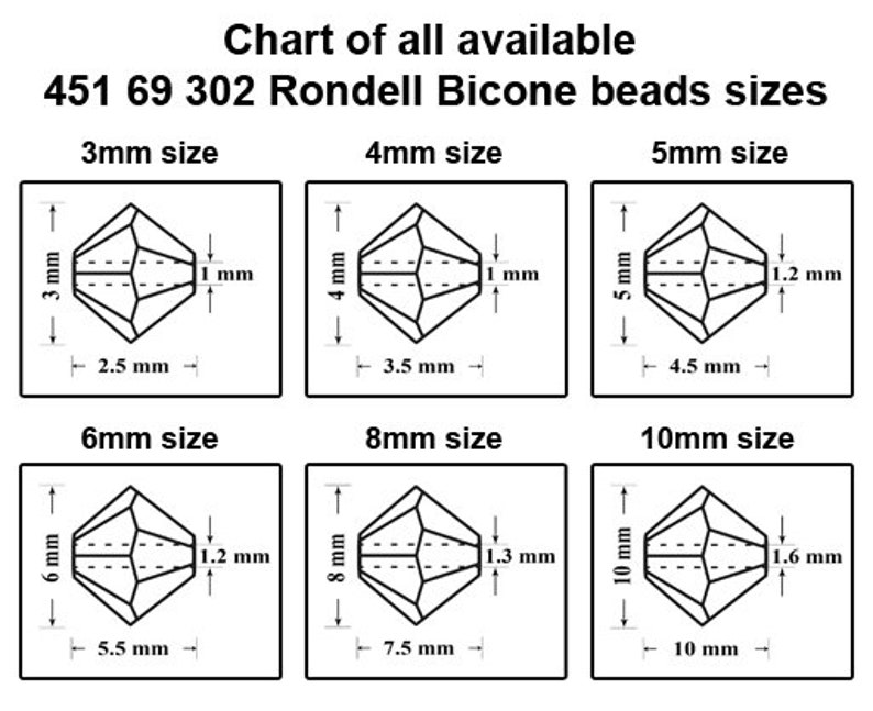 以下が含まれることがあります： 451 69 302 Rondell Bicone ビーズのサイズチャート。チャートには、ビーズのサイズ（ミリメートル）、ビーズの幅（ミリメートル）、ビーズの高さ（ミリメートル）が表示されています。