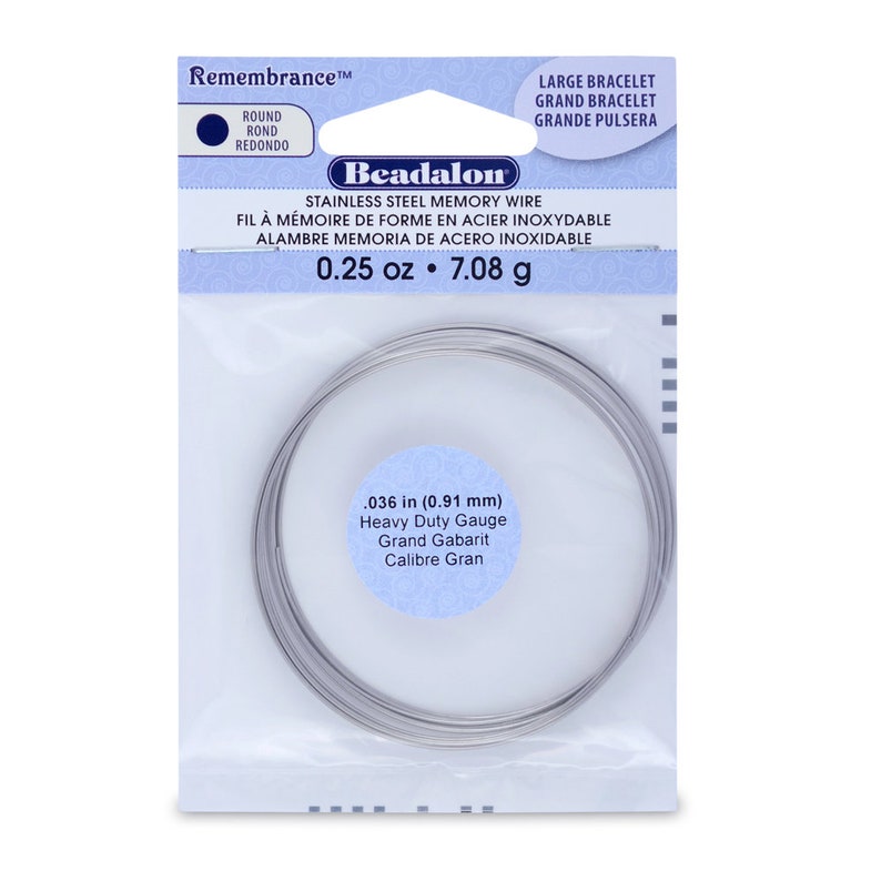 May include: A roll of 0.036 inch (0.91 mm) stainless steel memory wire. The wire is heavy duty gauge and is packaged in a clear plastic bag with a white label that reads "Beadalon Stainless Steel Memory Wire" and "0.25 oz 7.08 g".