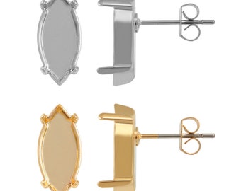 Bases de clous d'oreilles en laiton en métal - Pour cristaux fantaisie en forme de navette - Plaqué or, couleur argent - 1 paire - Incrustation de cristaux