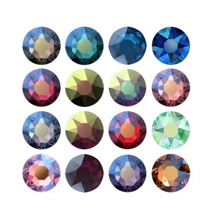 May include: Assortment of 15 round, faceted, iridescent glass rhinestones in various colors, including red, blue, green, purple, and gold.