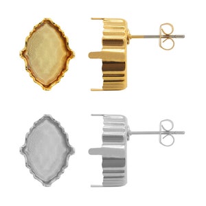May include: Two earring settings, one gold-toned and one silver-toned, each with an oval-shaped bezel and a post with a butterfly clutch. The gold setting has a decorative edge, while the silver one has a smooth edge. Both are shown from the front and side.