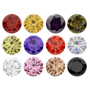 Puede incluir: Una colección de doce piedras preciosas de corte redondo dispuestas en una cuadrícula. Las piedras presentan varios colores, incluyendo rojo, amarillo, morado, verde oliva, amarillo claro, violeta oscuro, rojo anaranjado, blanco, rosa pálido, champán y negro.