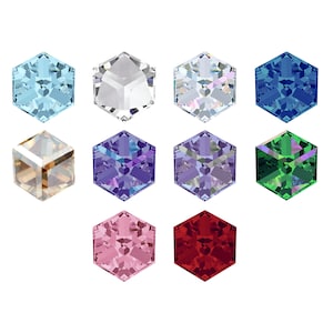 May include: Assortment of ten faceted, hexagonal, gemstone-like beads in various colours, including blue, green, red, purple, pink, brown, and clear.