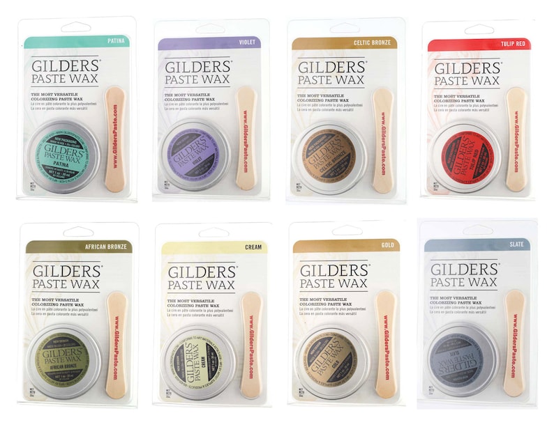 Puede incluir: Diez colores diferentes de Cera en Pasta Gilders en peque&ntilde;os recipientes redondos con un aplicador de madera. Los colores son Patina, Violeta, Bronce Celta, Rojo Tulip&aacute;n, Bronce Africano, Crema, Oro, Pizarra, y dos colores m&aacute;s.
