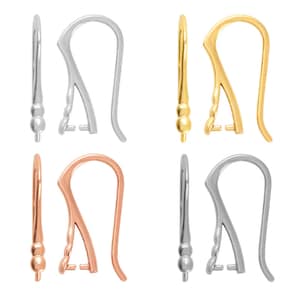 May include: Set of six earring hooks in three different metal finishes: silver, gold, and rose gold. Each hook features a curved design with a small ball at the end.