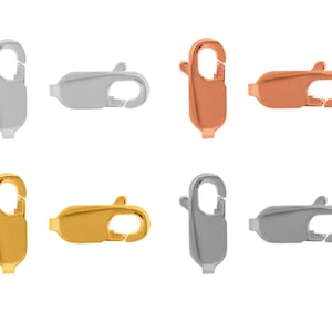 May include: Six silver, gold, rose gold, and grey lobster clasps for jewelry making. The clasps are all the same size and shape, but they are different colors.