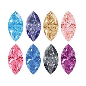May include: Eight marquise-shaped gemstones in various colours, including blue, pink, purple, and gold. The gemstones are arranged in two rows of four.